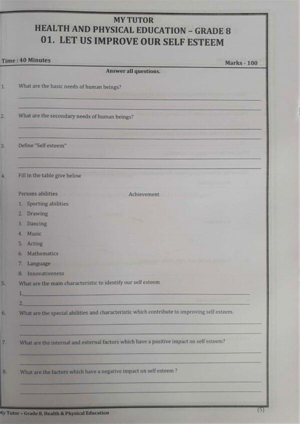 Mytutor Grade 08 Health Workbook - English Medium